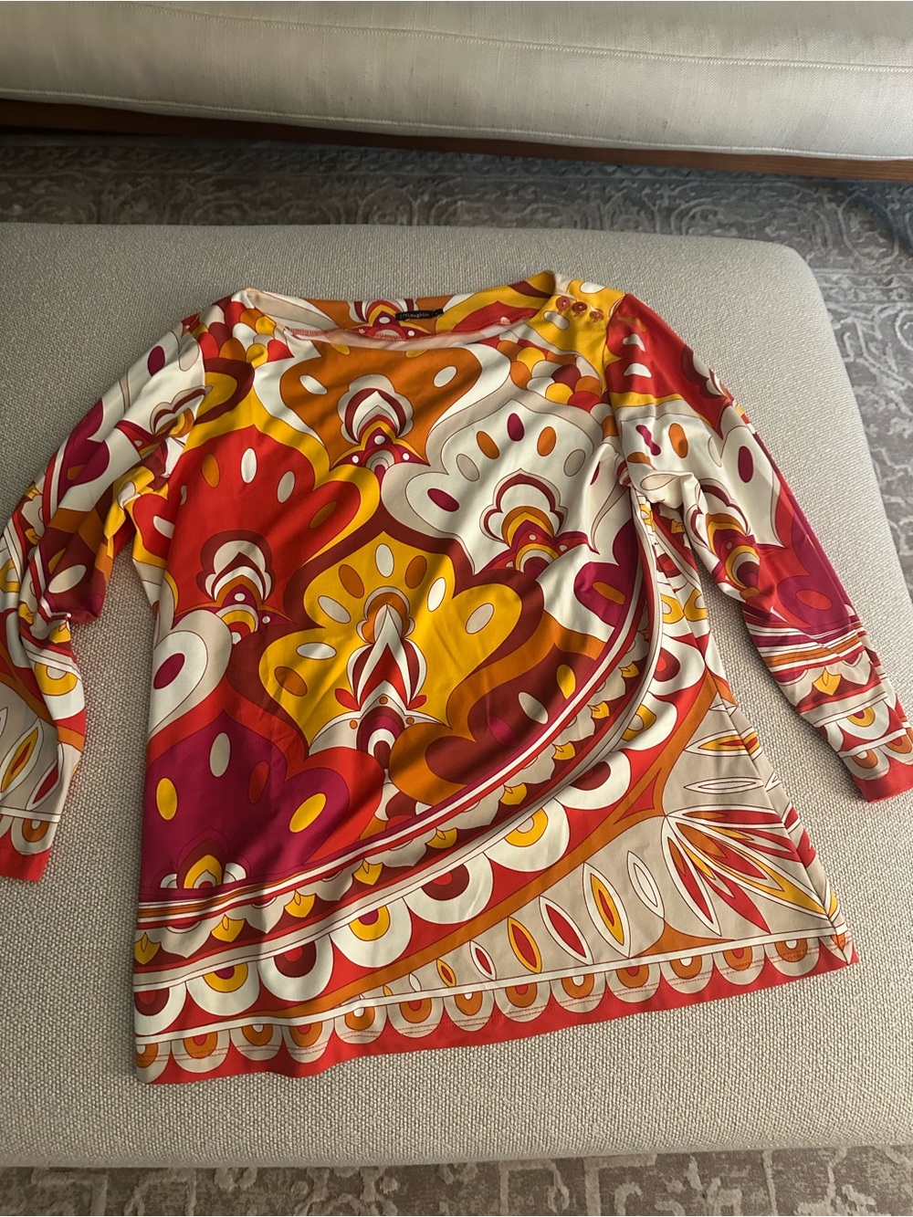 J. McLaughlin Retro Print Long-Sleeve Top in Red, Mustard & Cream